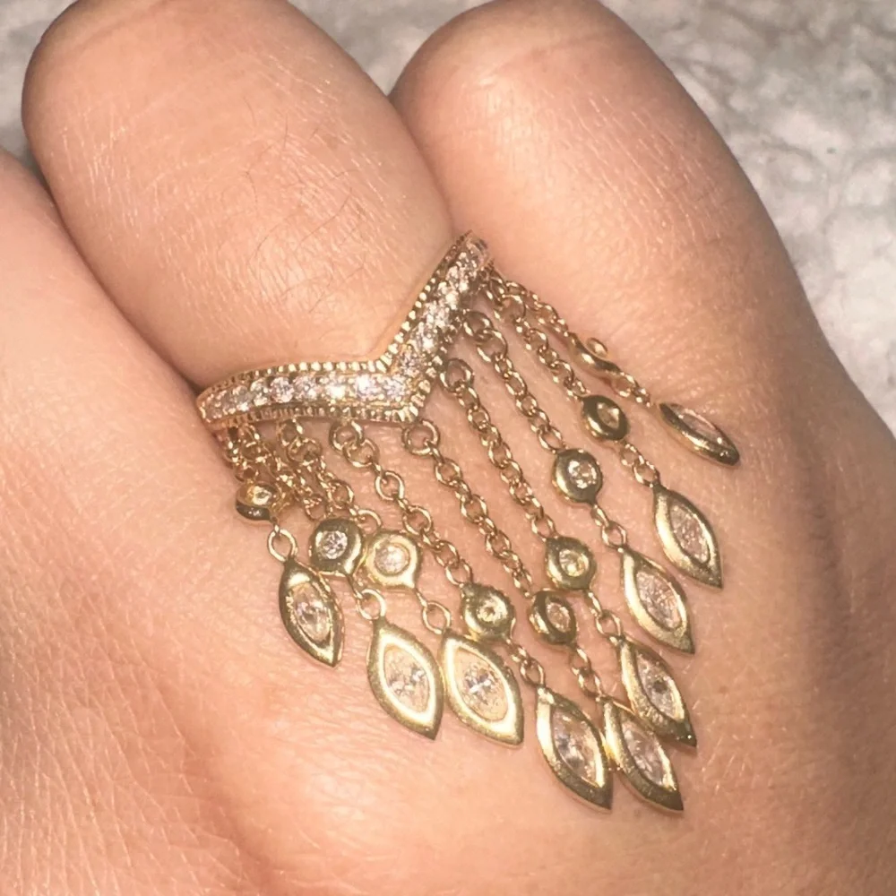 RARE 14K💍JACQUIE AICHE EXTRA LONG DIAMOND SHAKER RING DANGLE GOLD FRINGE RING - Picture 3 of 17